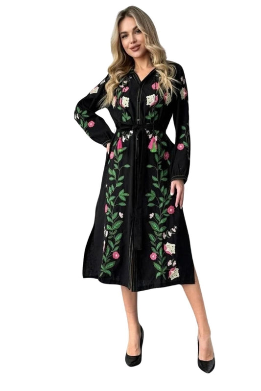 Constance Women's Cotton-Linen Blend Floral Embroidered Midi Dress - Black