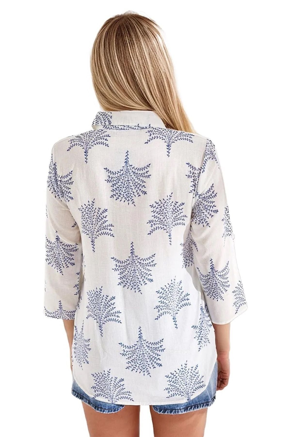 Robyn Women's Cotton Blend Roll-Sleeve Button-Up Shirt - Blue Fan