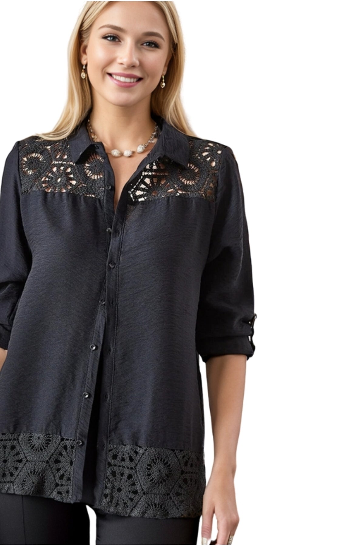 Gemma Women's Lace Pattern Roll-Sleeve Shirt - Black