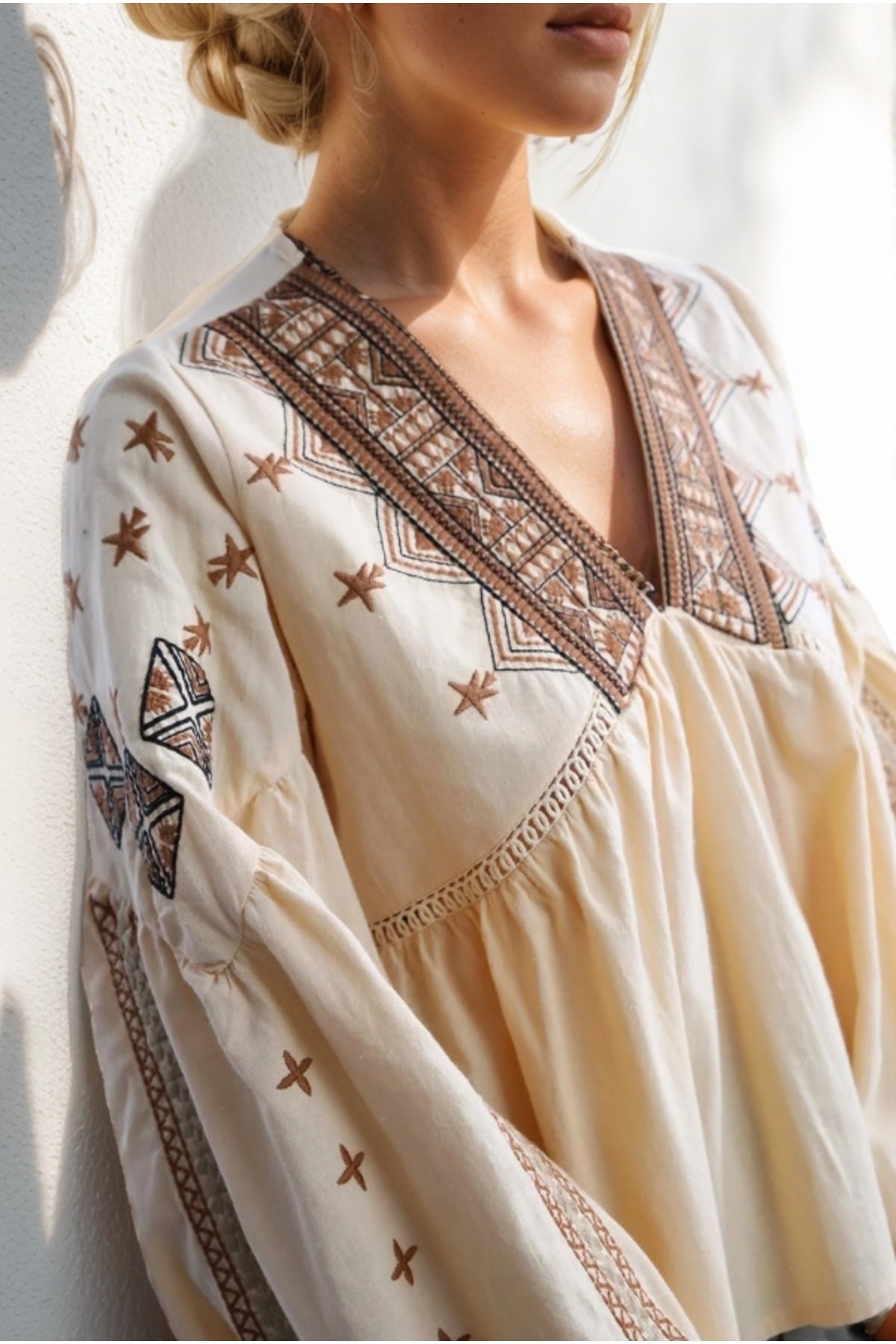 Pippa Women's Cotton Floral Embroidered Long Sleeve Blouse - Beige and Brown