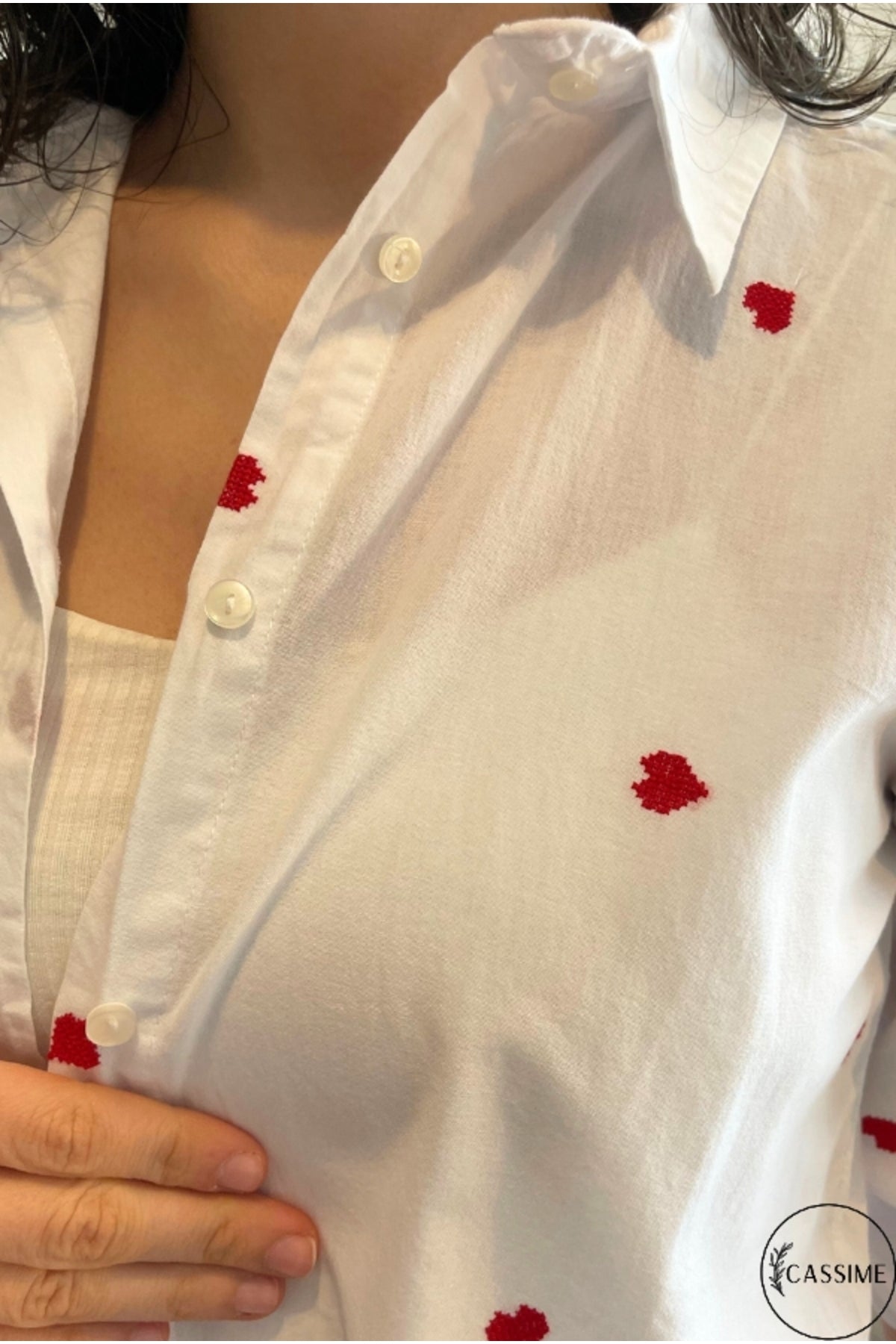Ella Women's Cotton Embroidered Button-Up Shirt - White with Red Hearts