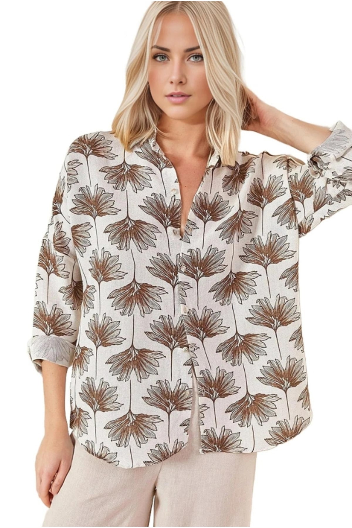 Emilia Women's Linen-Viscose Blend Oversized Printed Shirt - Brown Ginkgo