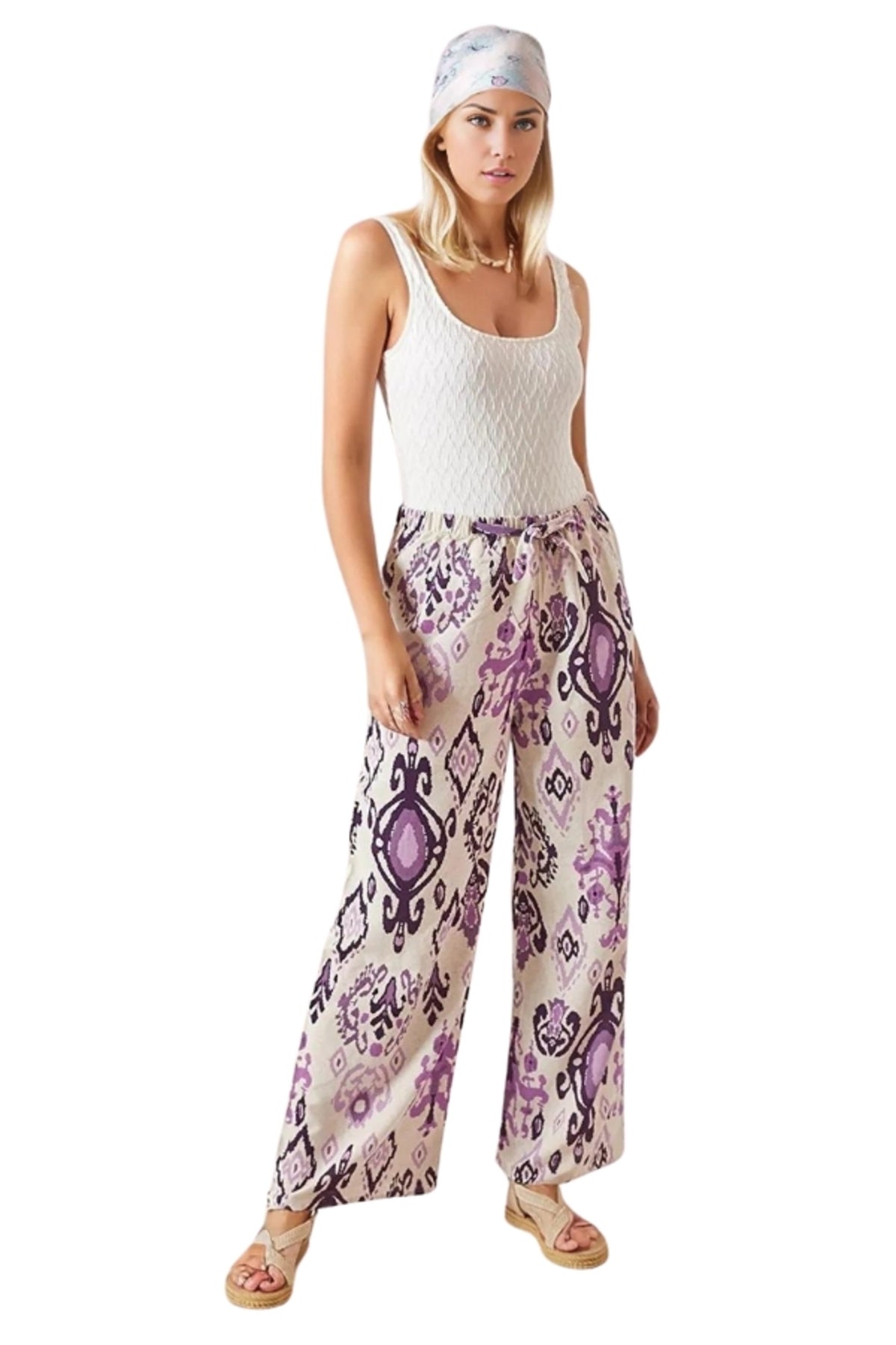 Lucy Women's Linen-Viscose Blend Wide Leg Palazzo Pants - Boho Purple Print