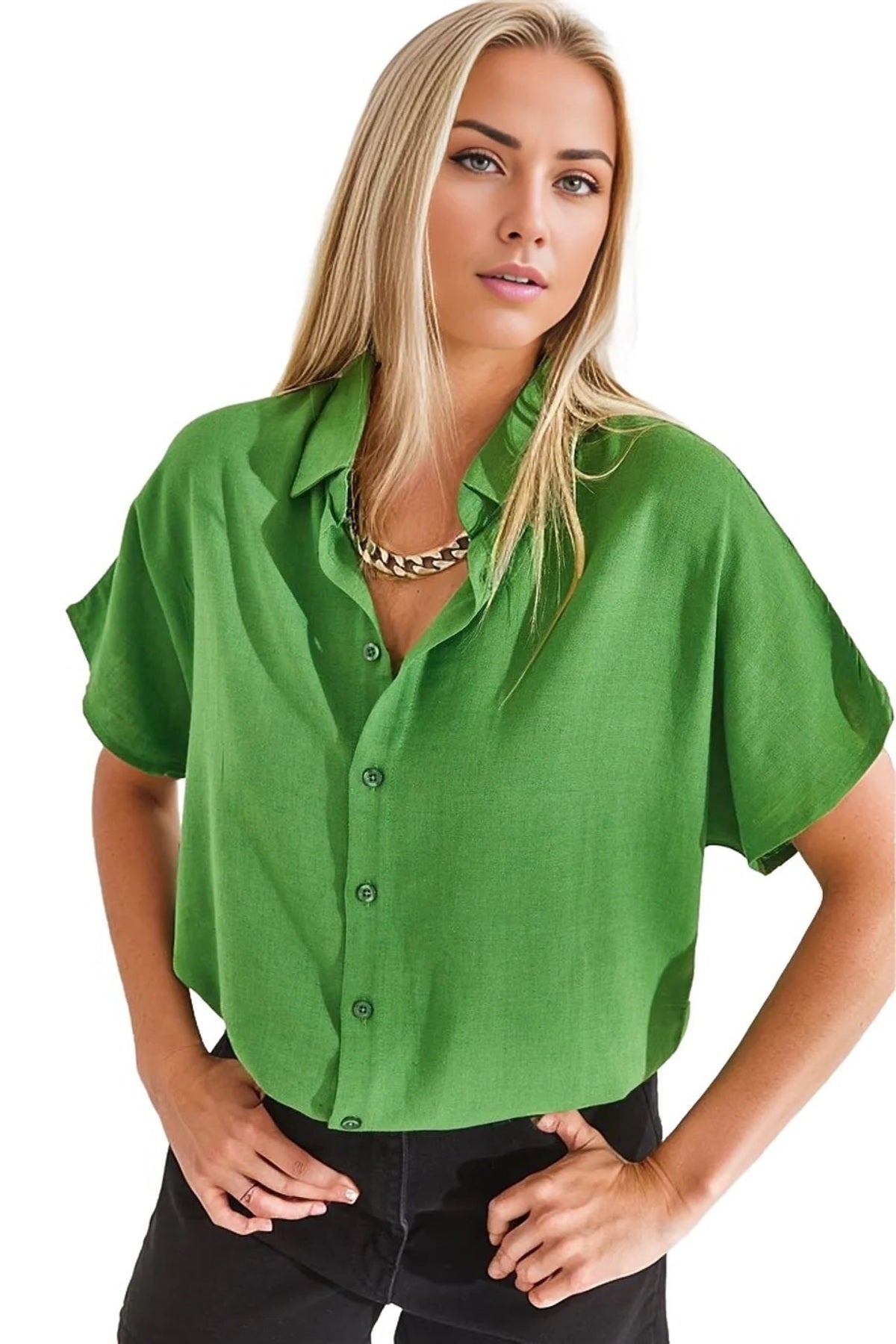 Jocelyn Women's Linen-Viscose Blend Oversized Short Sleeve Batwing Shirt - Pistachio Green