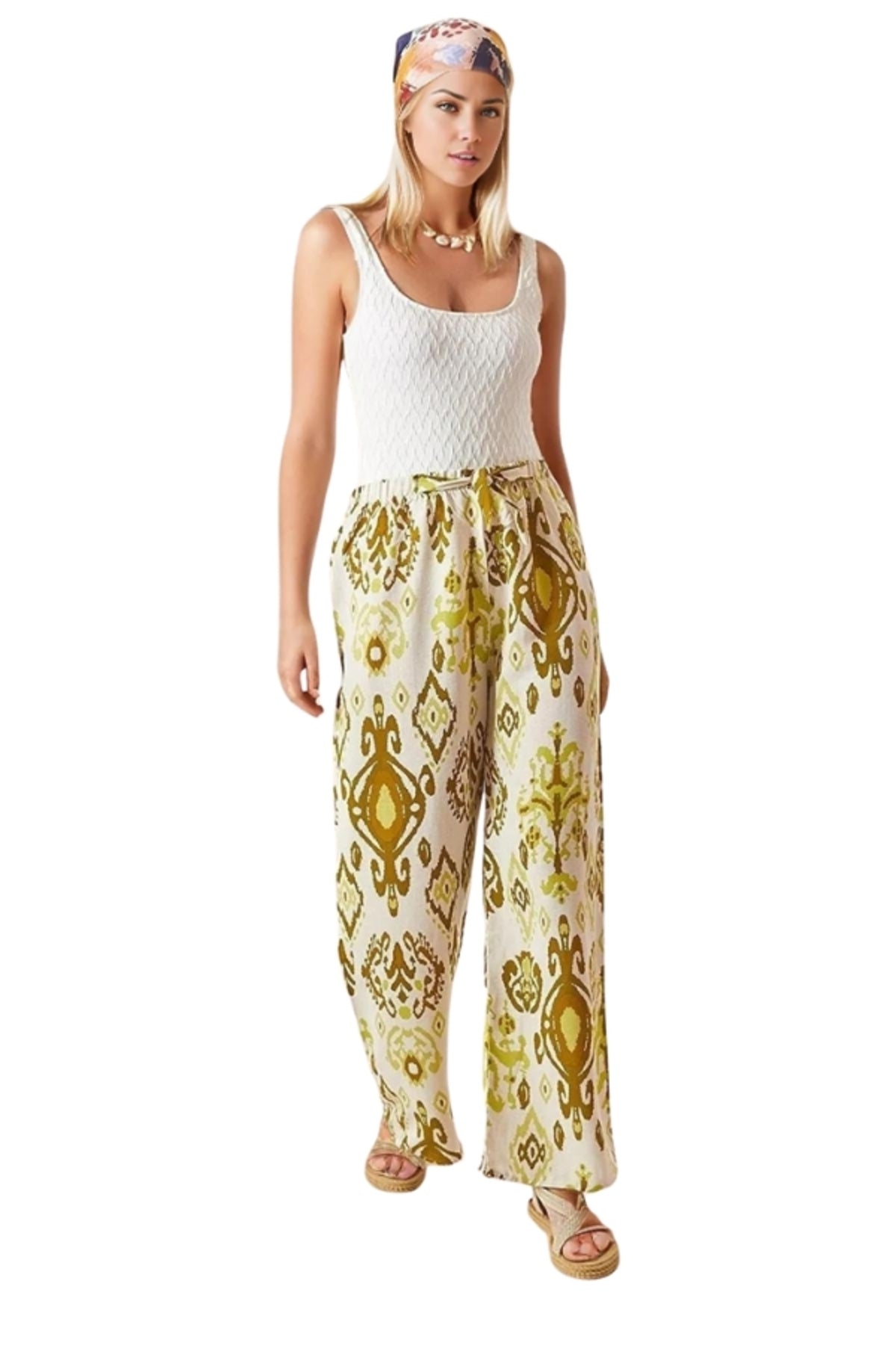 Lucy Women's Linen-Viscose Blend Wide Leg Palazzo Pants - Yellow Boho Print