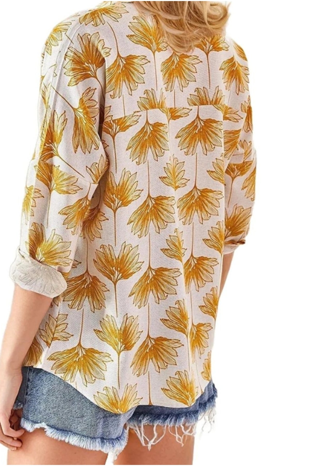 Emilia Women's Linen-Viscose Blend Oversized Printed Shirt - Yellow Ginkgo