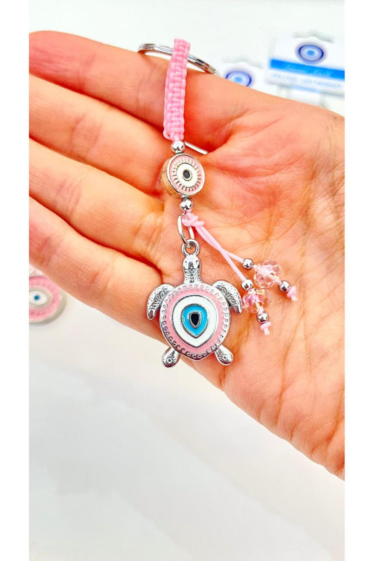 Abigail Silver-Plated Evil Eye Keychain - Pink Turtle Design
