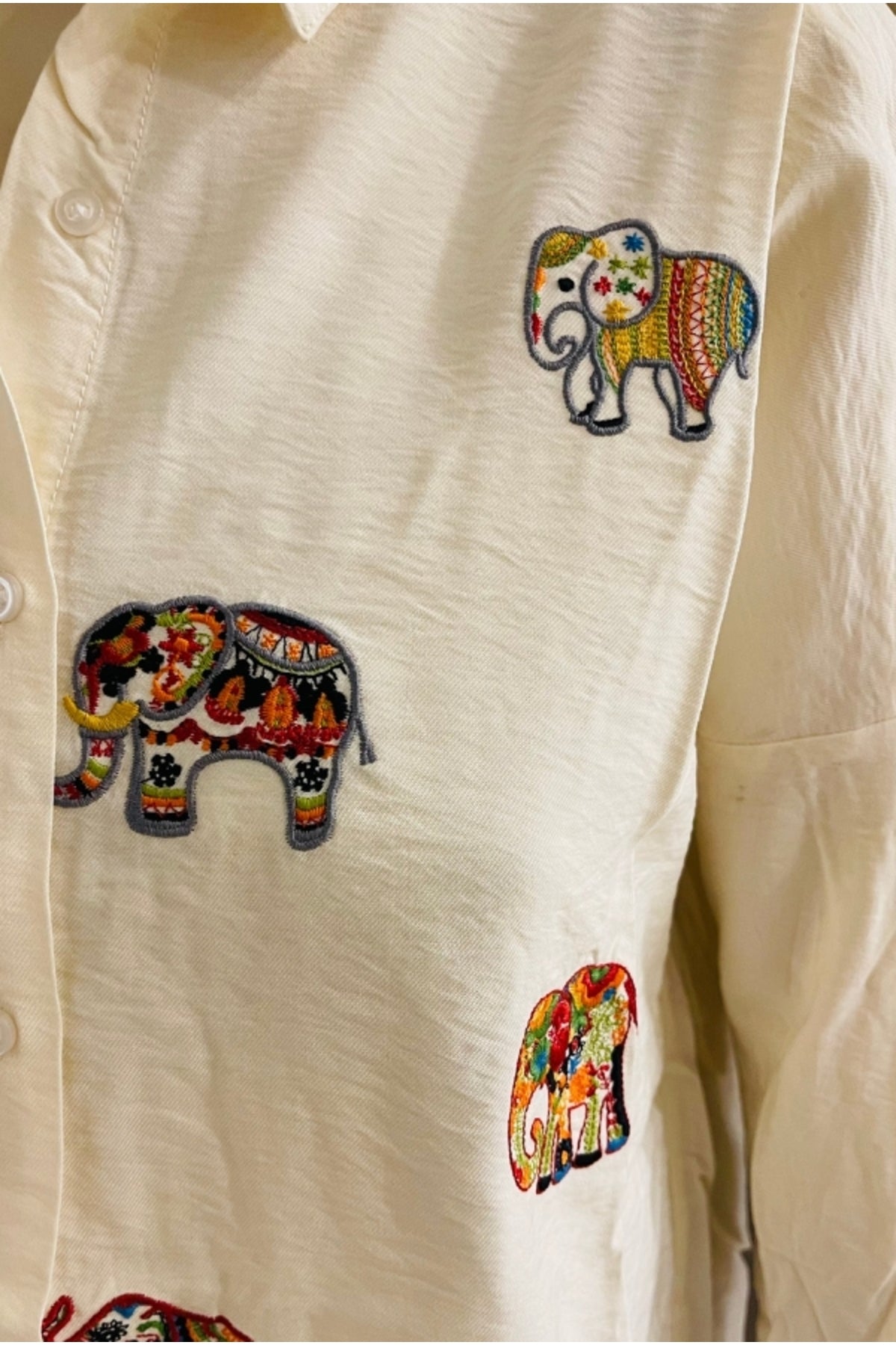 Delilah Women's Cotton Oversized Embellished Long Sleeve Shirt - Cream Elephant