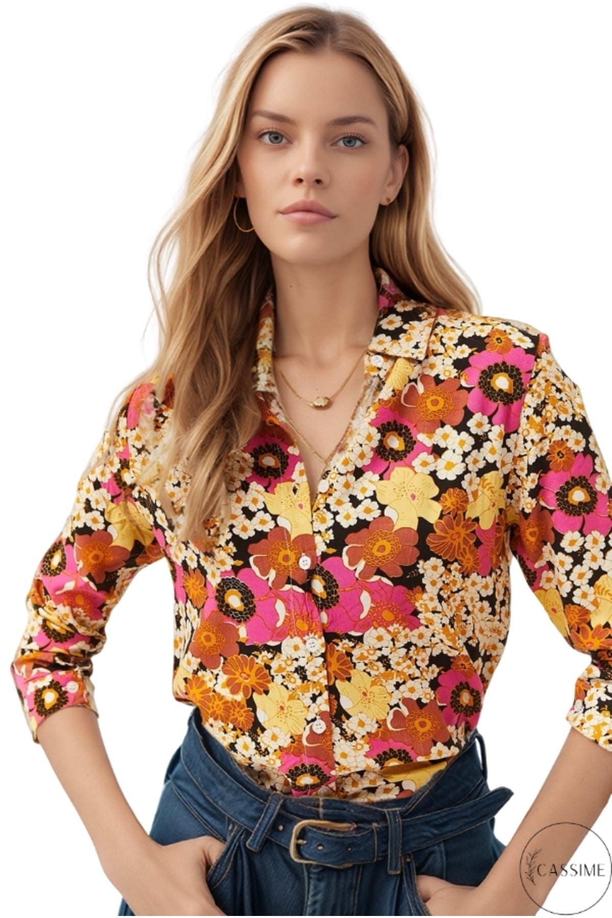 Amelia Women's Viscose Long Sleeve Button-Up Shirt - Multicolor Floral