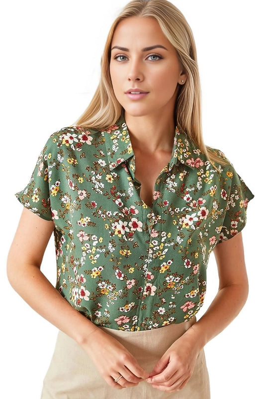 Charlotte Women's Short Sleeve Batwing Shirt - Khaki Ditsy Flower Batwing