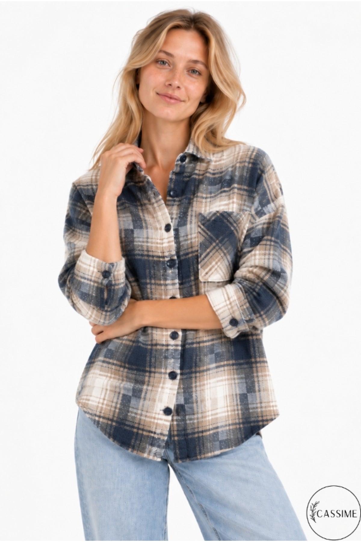 Eleanor Women's Plaid Shacket - Navy and Brown Ecru