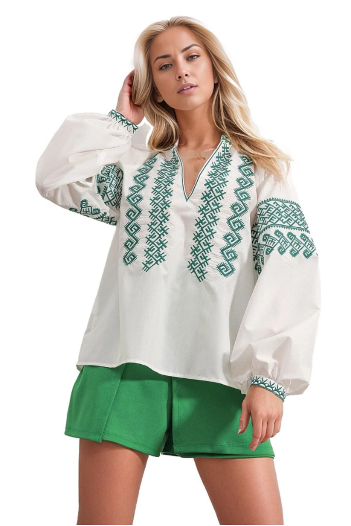 Zoe Women's Boho Embroidered Poplin Blouse - White with Green Embroidery