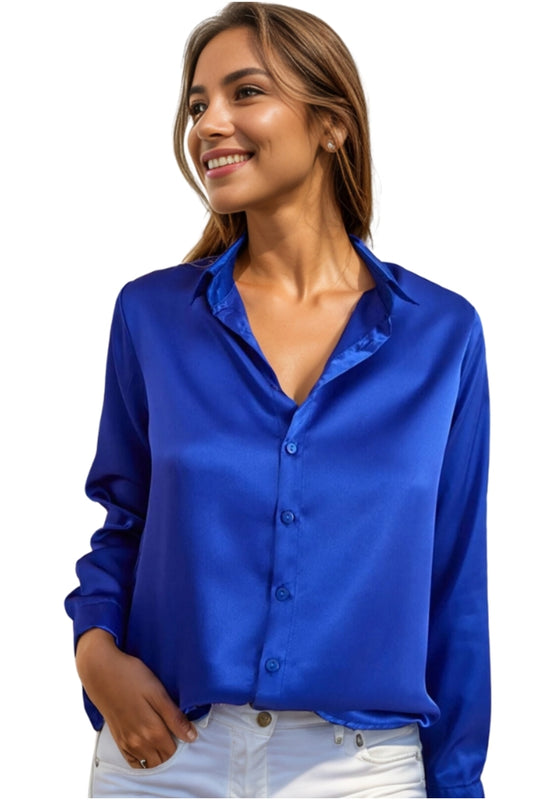 Rebecca Women's Classic Satin Button-Up Shirt - Royal Blue