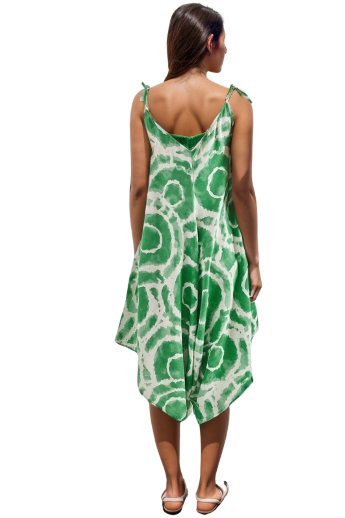 Eliza Women's Linen-Viscose Blend Relaxed Spaghetti Strap Jumpsuit - Green Geometric Print