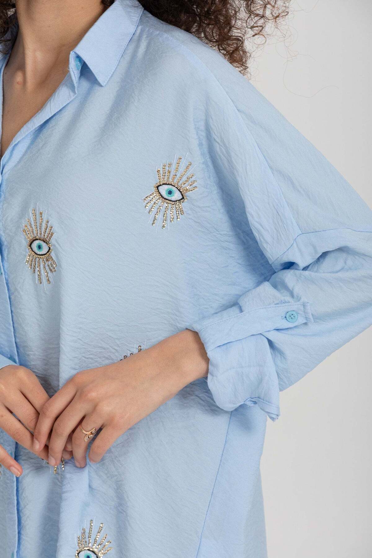 Delilah Women's Oversized Embellished Long Sleeve Shirt - Light Blue