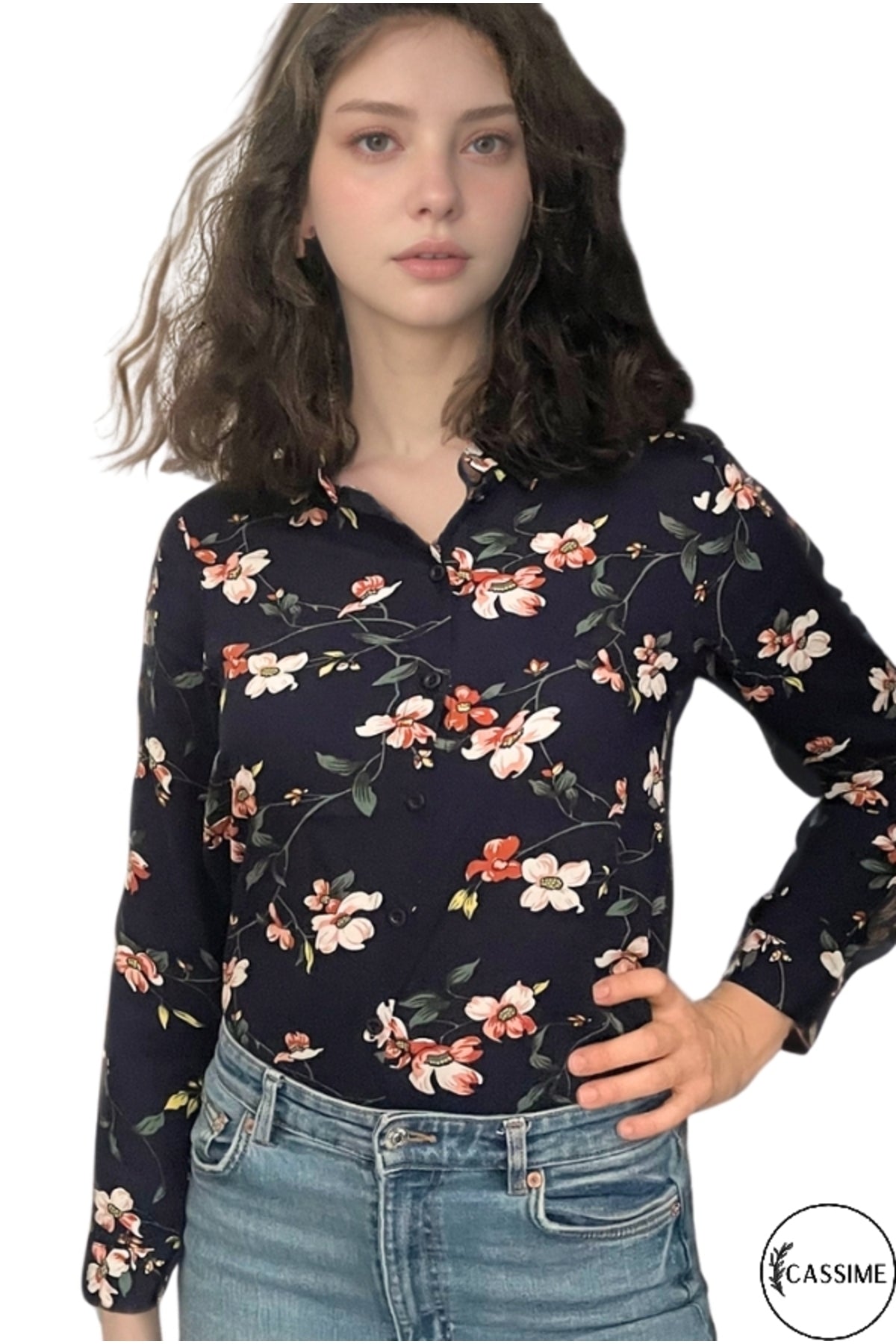 Amelia Women's Long Sleeve Button-Up Shirt - Navy Multicolor Floral