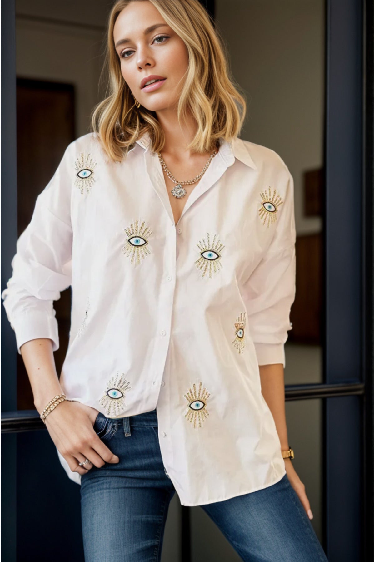 Delilah Women's Cotton Oversized Embellished Long Sleeve Shirt - White