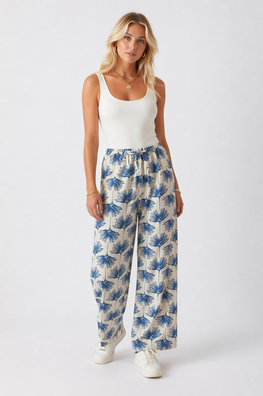 Lucy Women's Linen Blend Wide Leg Palazzo Pants - Cream with Blue Floral Print