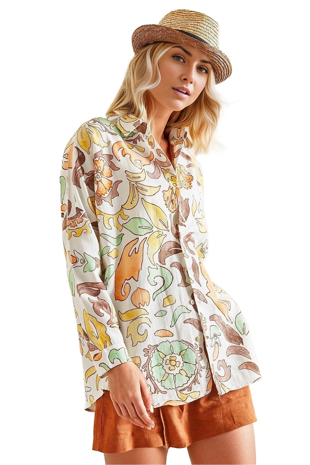 Emilia Women's Linen Blend Oversized Printed Shirt - Light Orange Floral