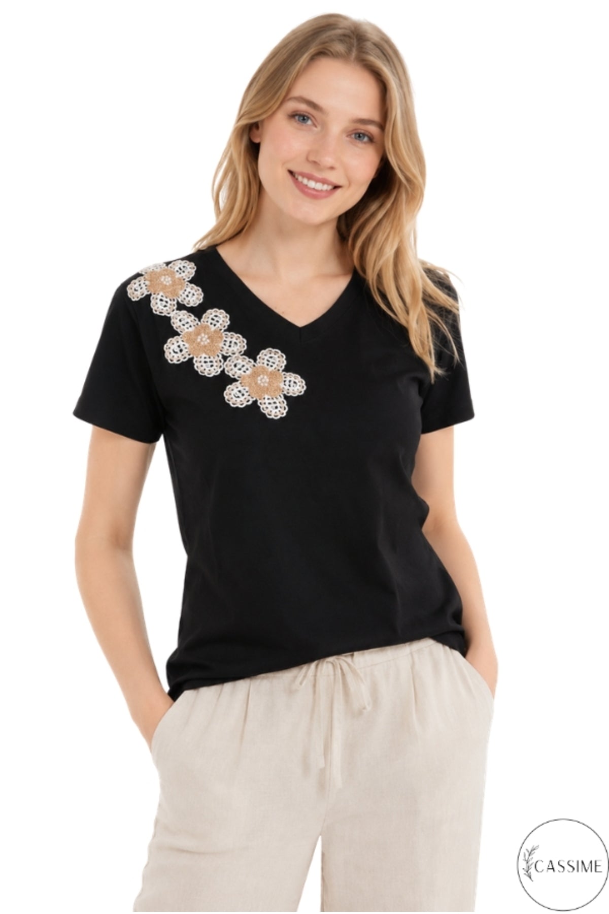 Emma Women's Cotton Embellished T-Shirt - Black Three Flower Knit