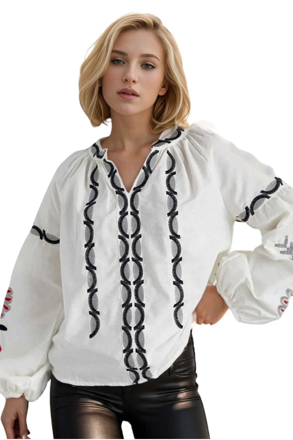 Rosa Women's Cotton Embroidered Long Sleeve Tie Blouse - Ecru