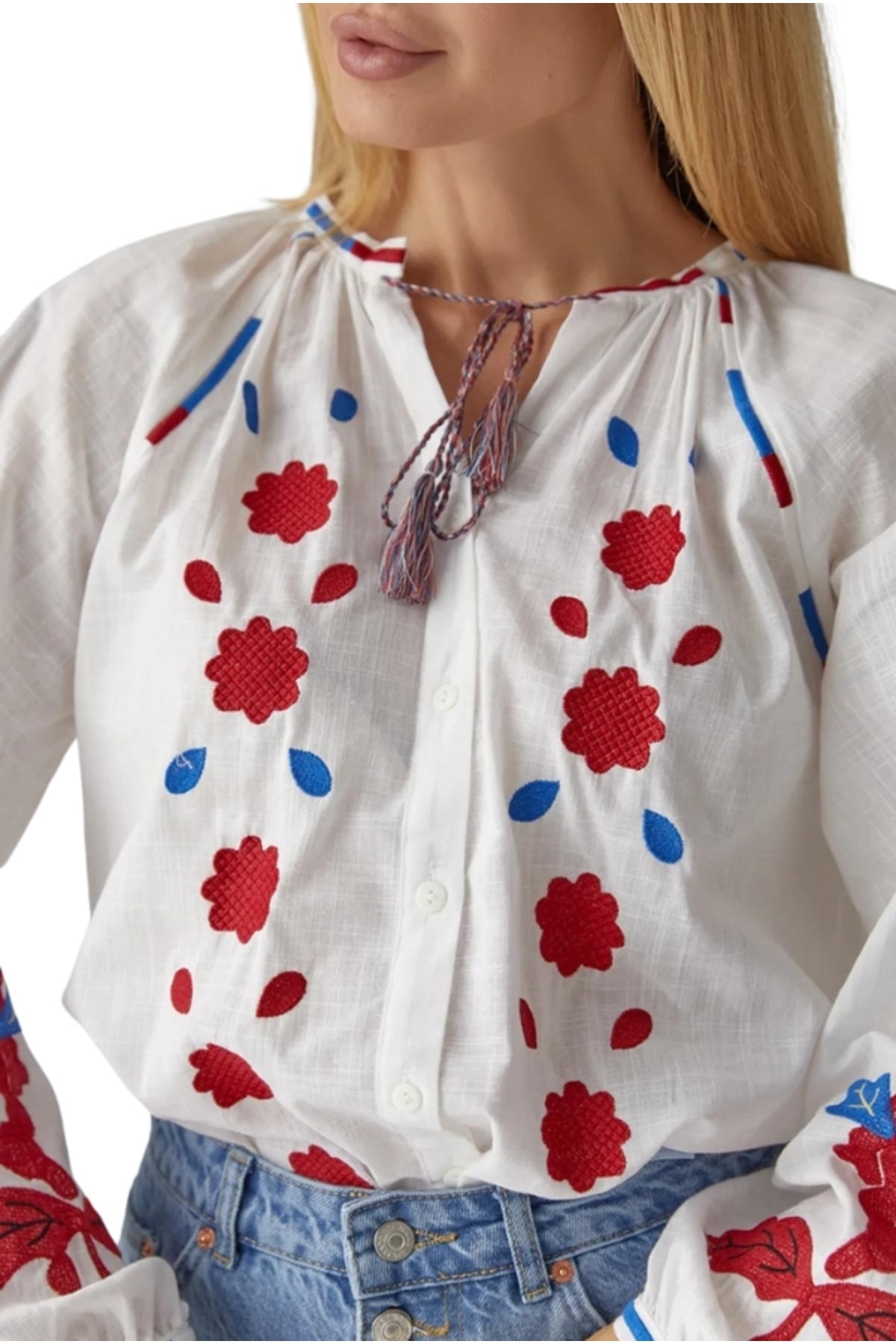 Sylvia Women's Cotton Floral Embroidered Blouse - White with Red and Blue Floral Embroidery