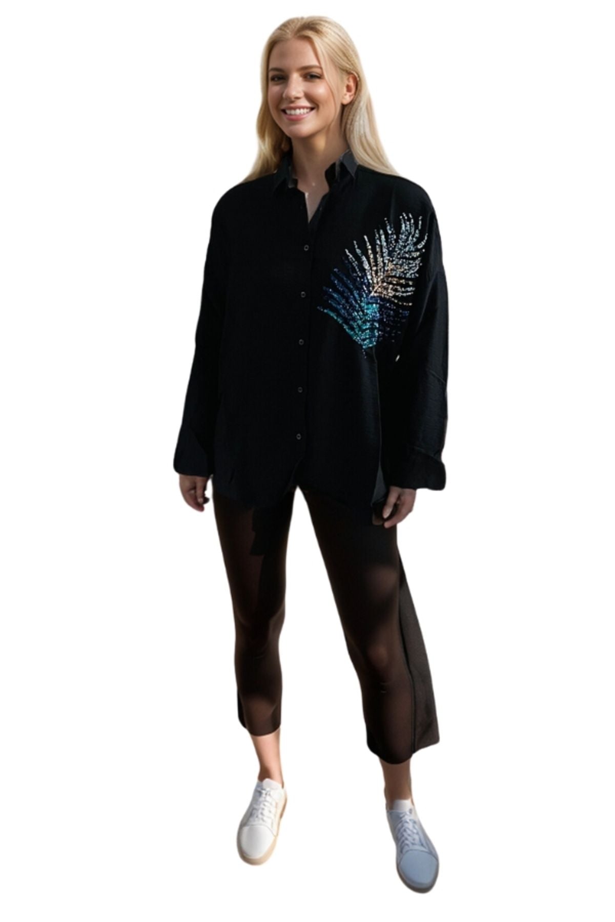 Delilah Women's Linen Oversized Embellished Long Sleeve Shirt - Black Leaf