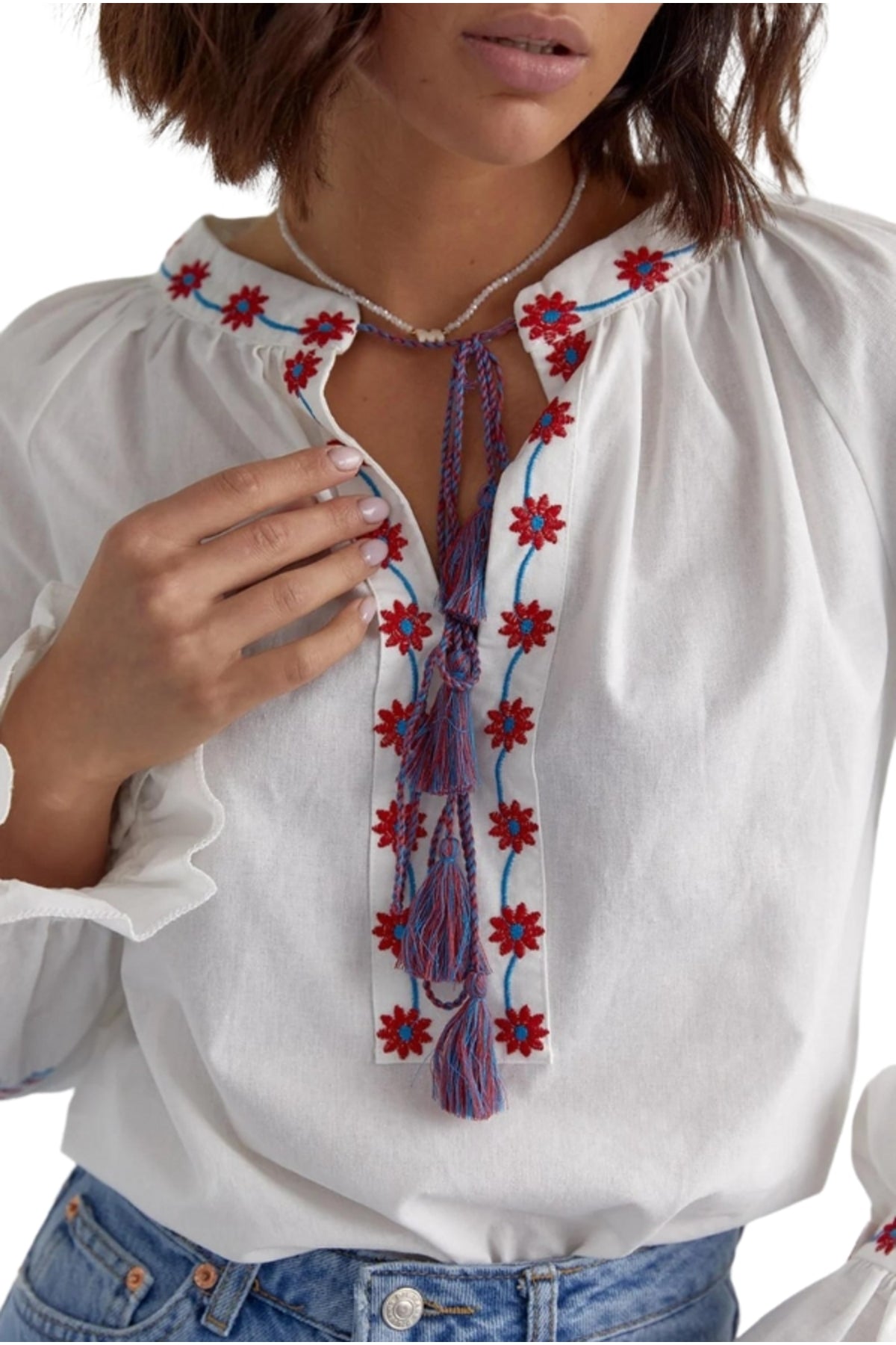 Crystal Women's Cotton Embroidered Long Sleeve Tie Blouse - Blue and Red Floral