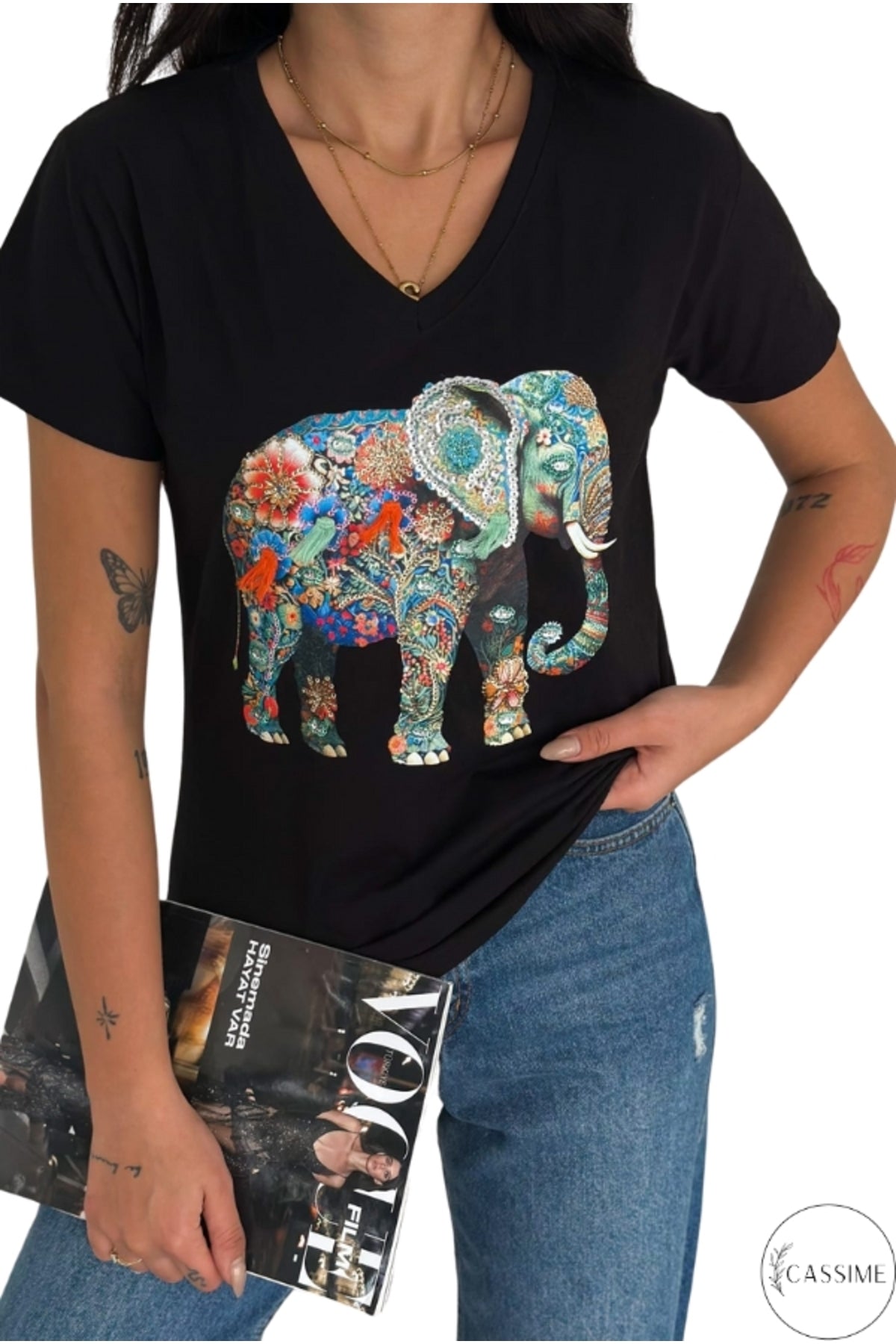 Olivia Women's Cotton Plus Size Embellished V-Neck T-Shirt - Black with Multicolor Elephant Sequins