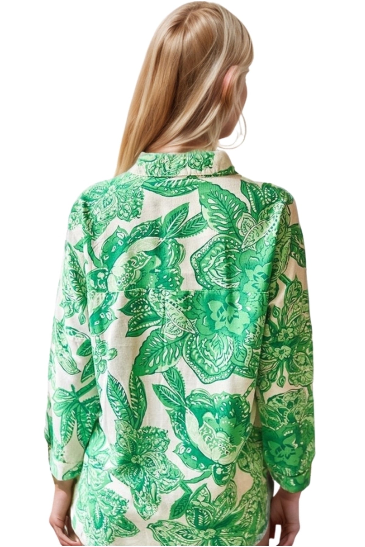 Emilia Women's Linen-Viscose Blend Oversized Printed Shirt - Green Large Floral