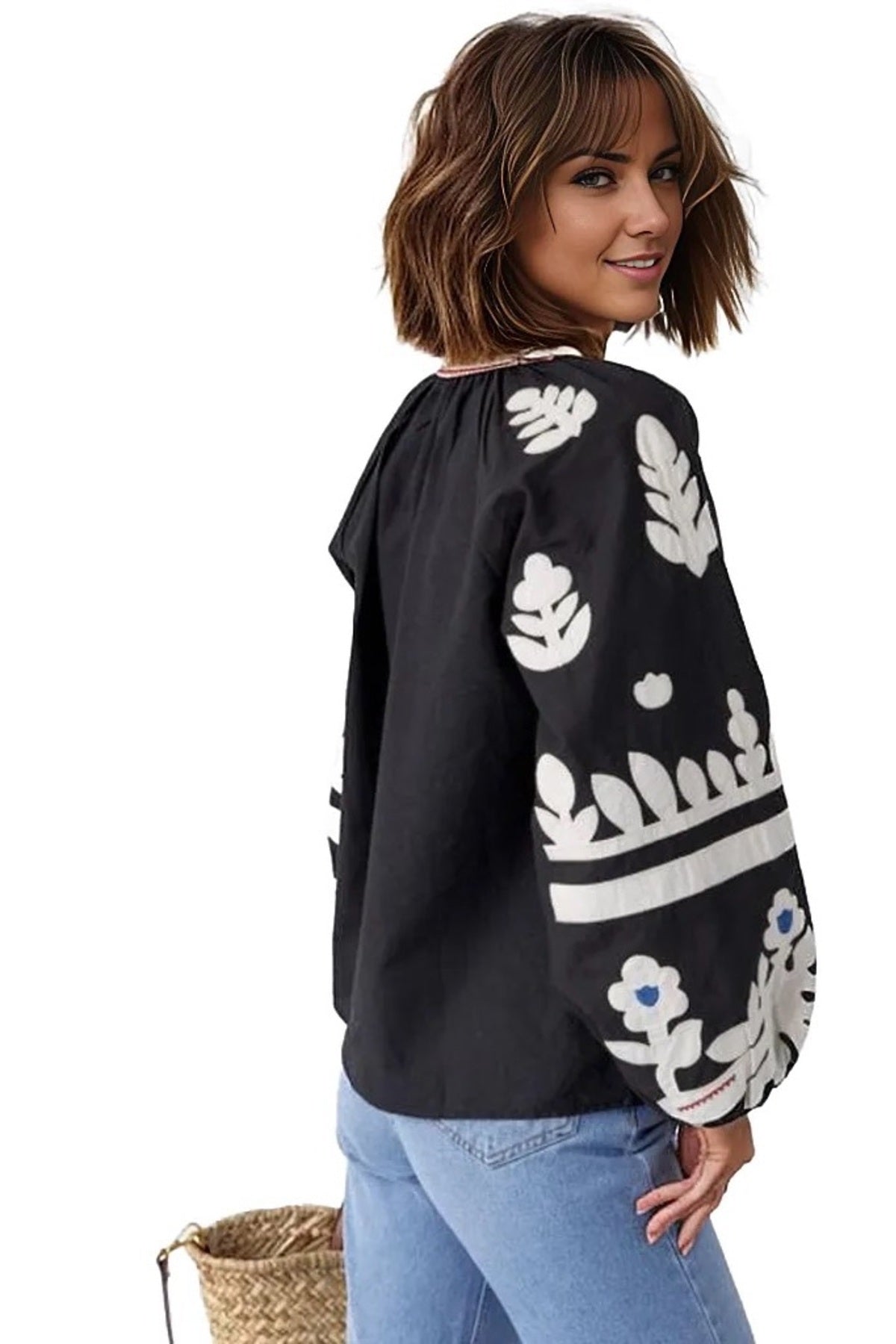 Paige Women's Cotton Embroidered Long Sleeve Woven Blouse - White with Black Embroidery
