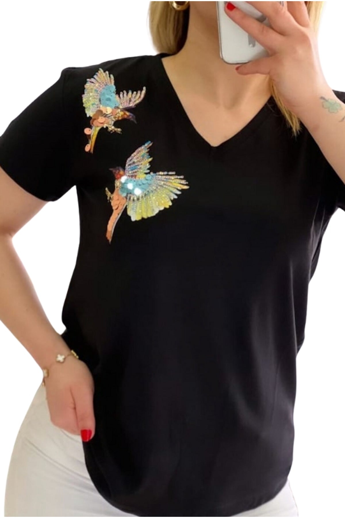 Olivia Women's Cotton Plus Size Embellished V-Neck T-Shirt - Black with Bird Sequins