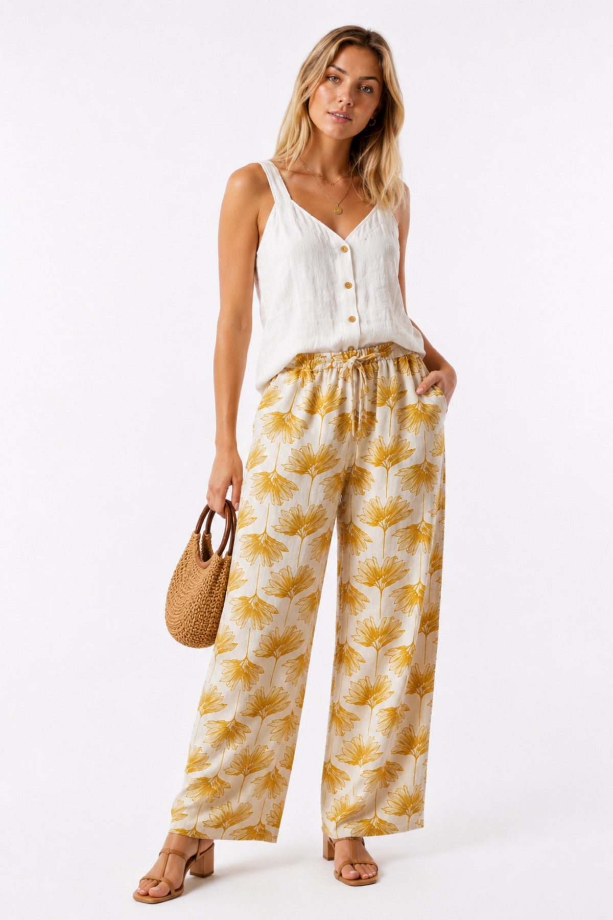 Lucy Women's Linen-Viscose Blend Wide Leg Palazzo Pants - Yellow Ginkgo