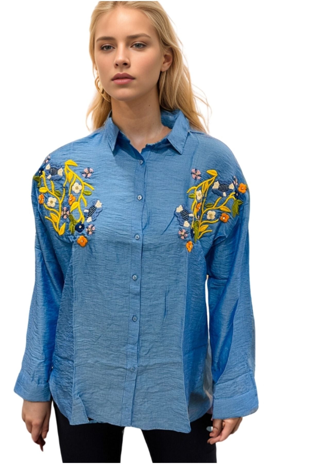 Claire Women's Floral Embellished Button-Up Shirt - Blue Floral Embroidery