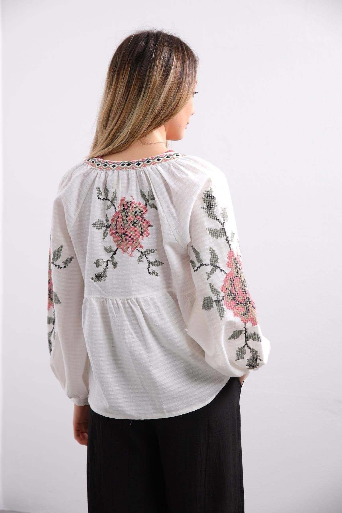 Lilian Women's Rose Embroidered Tie Blouse - Ecru