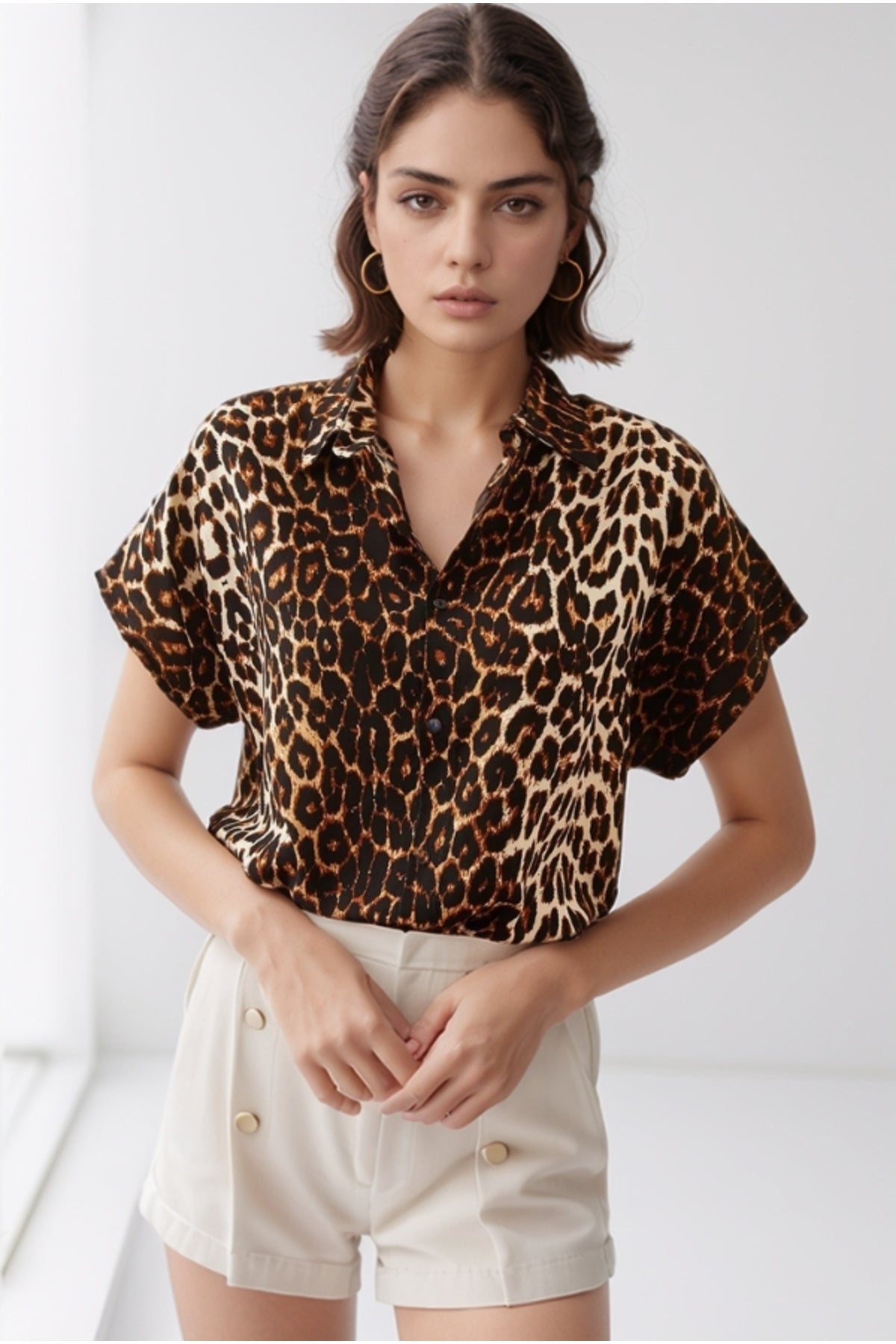 Charlotte Women's Short Sleeve Batwing Shirt - Black Leopard Print