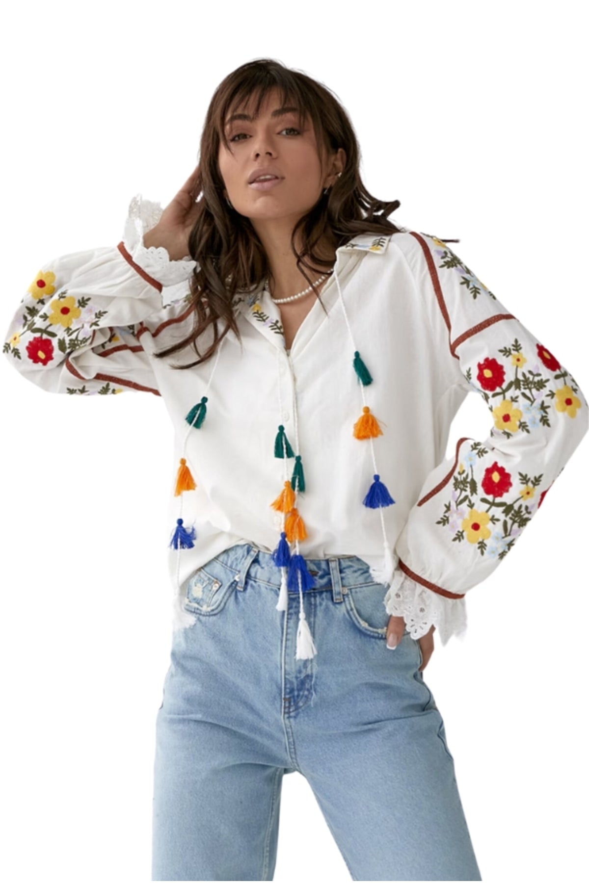 Addison Women's Cotton Vintage Inspired Floral Embroidered Blouse - White