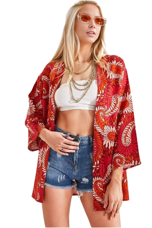 Catherine Women's Relaxed Fit Kimono - Paisley Coral Print