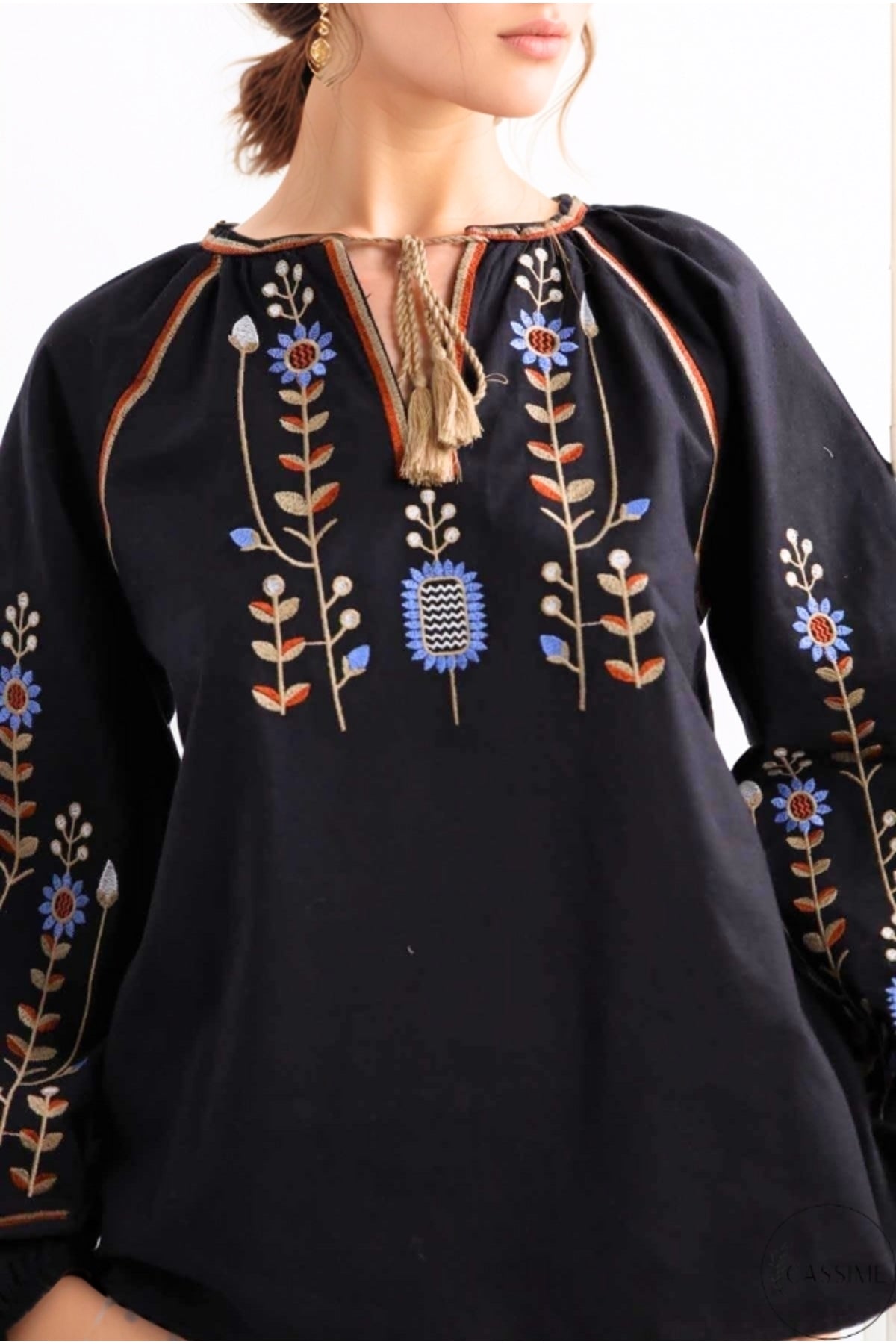 Frances Women's Cotton Embroidered Long Sleeve Blouse - Black