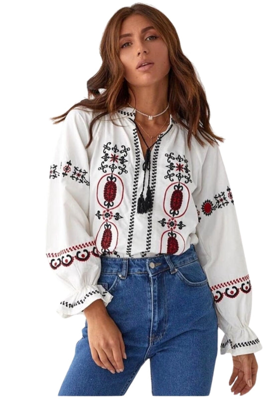 Crystal Women's Cotton Embroidered Long Sleeve Tie Blouse - Burgundy Floral