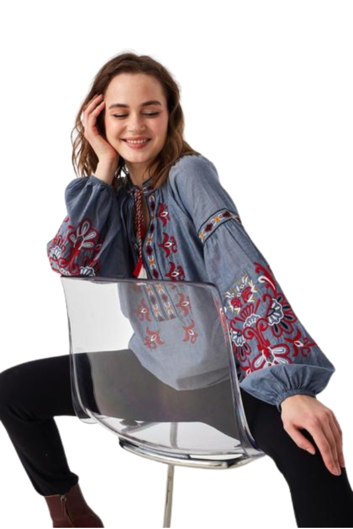 Penelope Women's Cotton Vintage Inspired Embroidered Blouse - Gray
