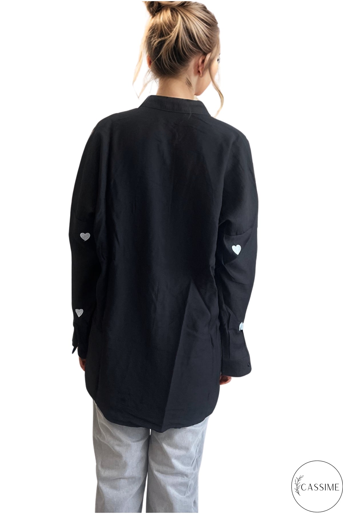 Delilah Women's Cotton Oversized Embellished Long Sleeve Shirt - Black with Heart Embroidery