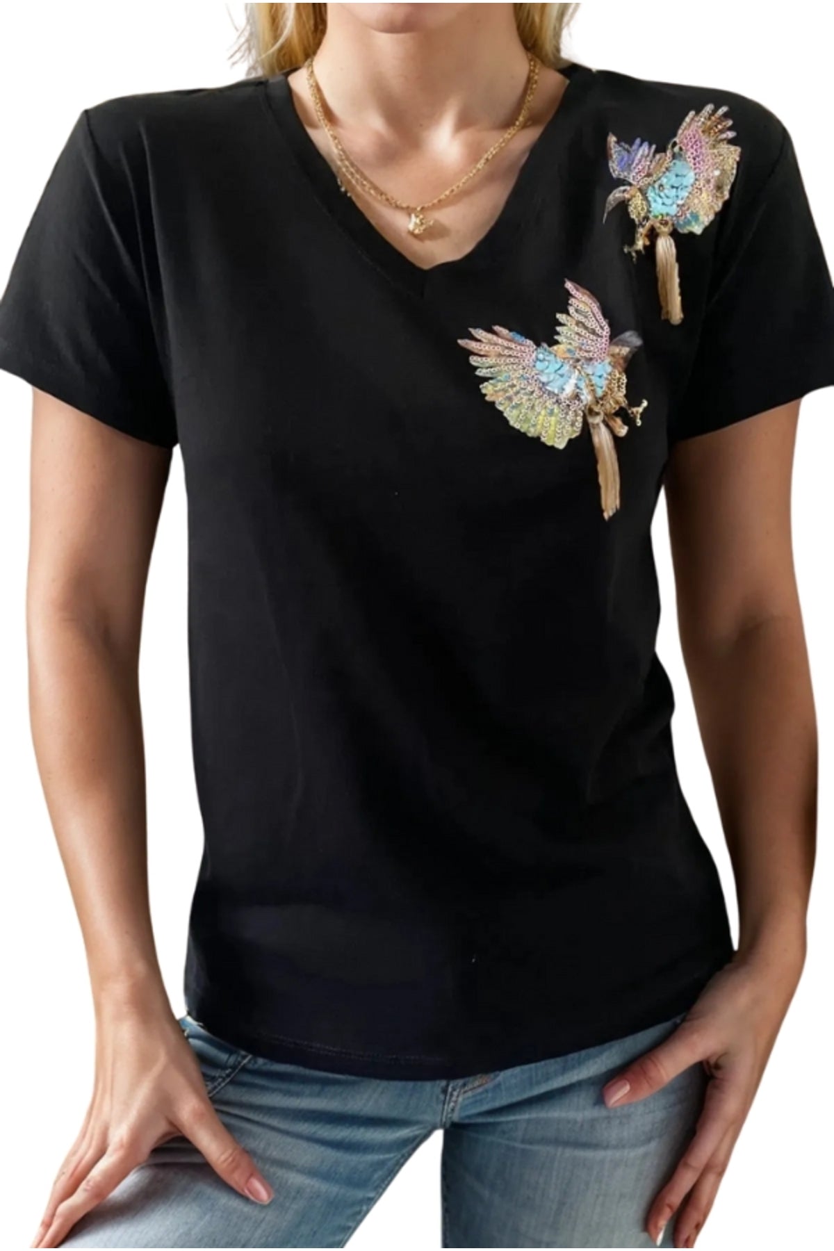 Olivia Women's Cotton Plus Size Embellished V-Neck T-Shirt - Black with Bird Sequins
