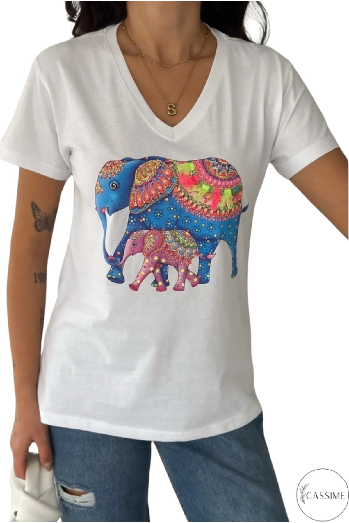 Sophie Women's Cotton Embellished V-Neck T-Shirt - White with Multicolor Elephant Print