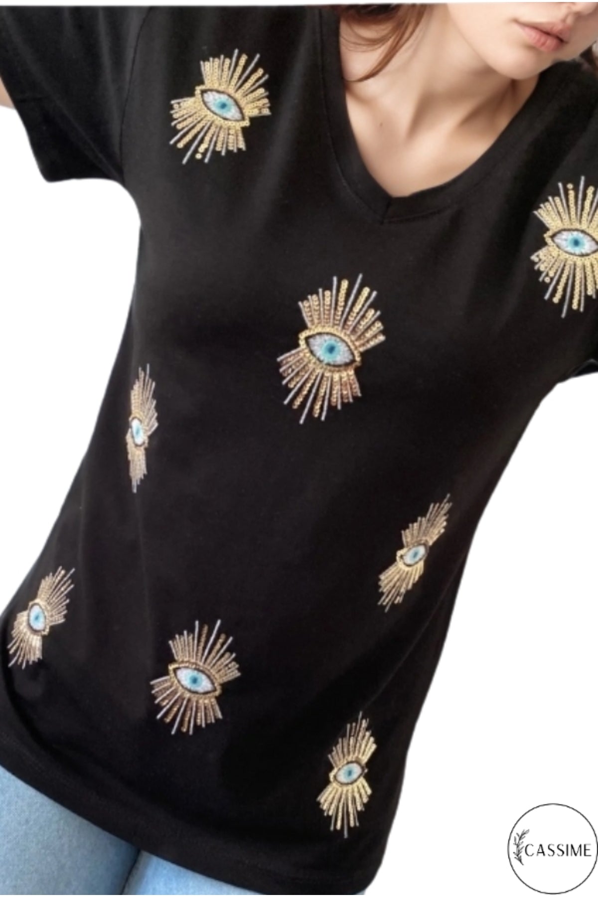 Olivia Women's Plus Size Embellished V-Neck T-Shirt - Black Evil Eye Sequin Embellishment