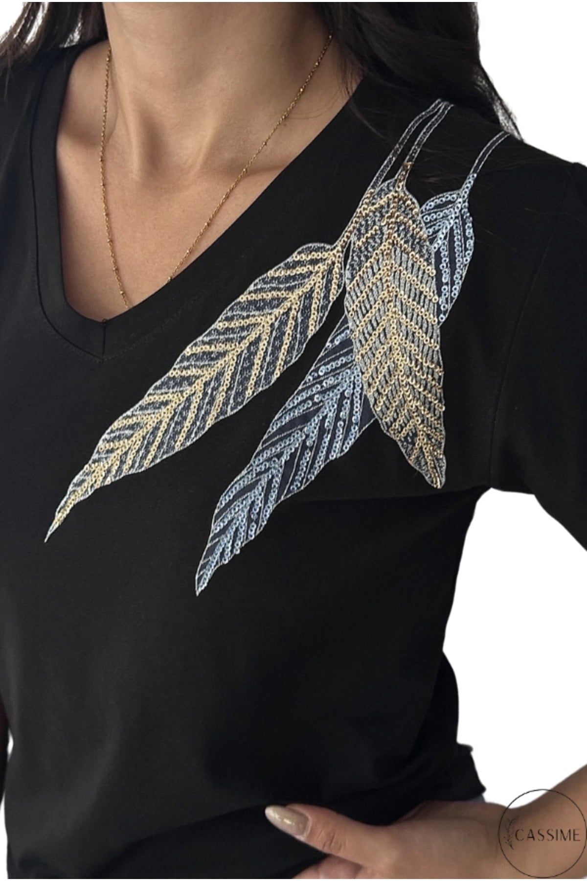 Olivia Women's Cotton Plus Size Embellished V-Neck T-Shirt - Black and Blue Feather Print