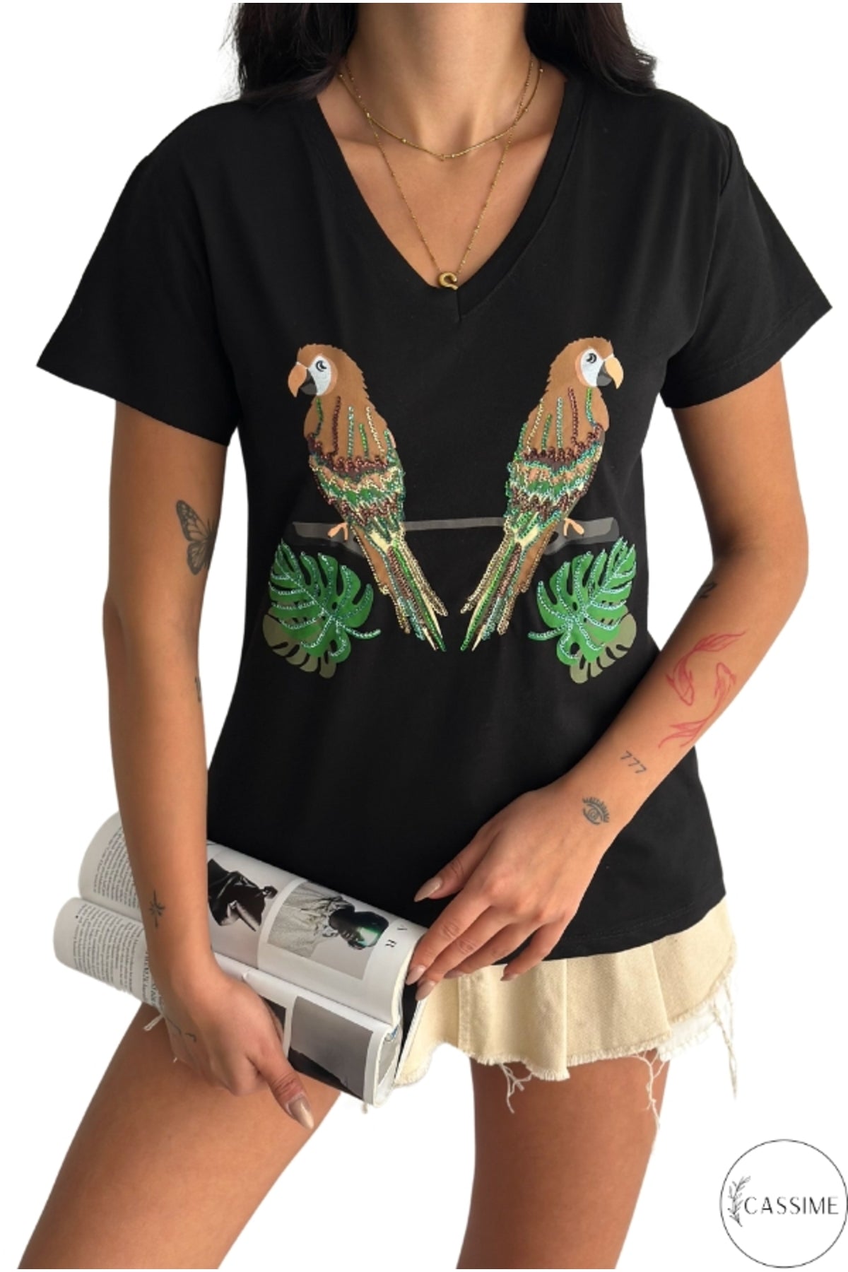 Olivia Women's Cotton Plus Size Embellished V-Neck T-Shirt - Black with Parrot and Leaf Sequins