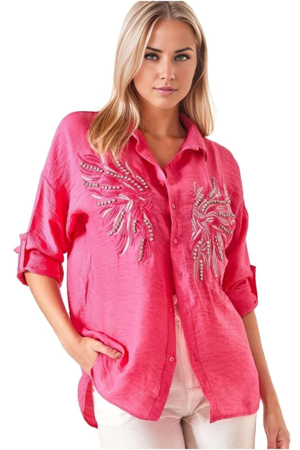 Natasha Women's Embroidered Oversized Shirt - Fuchsia