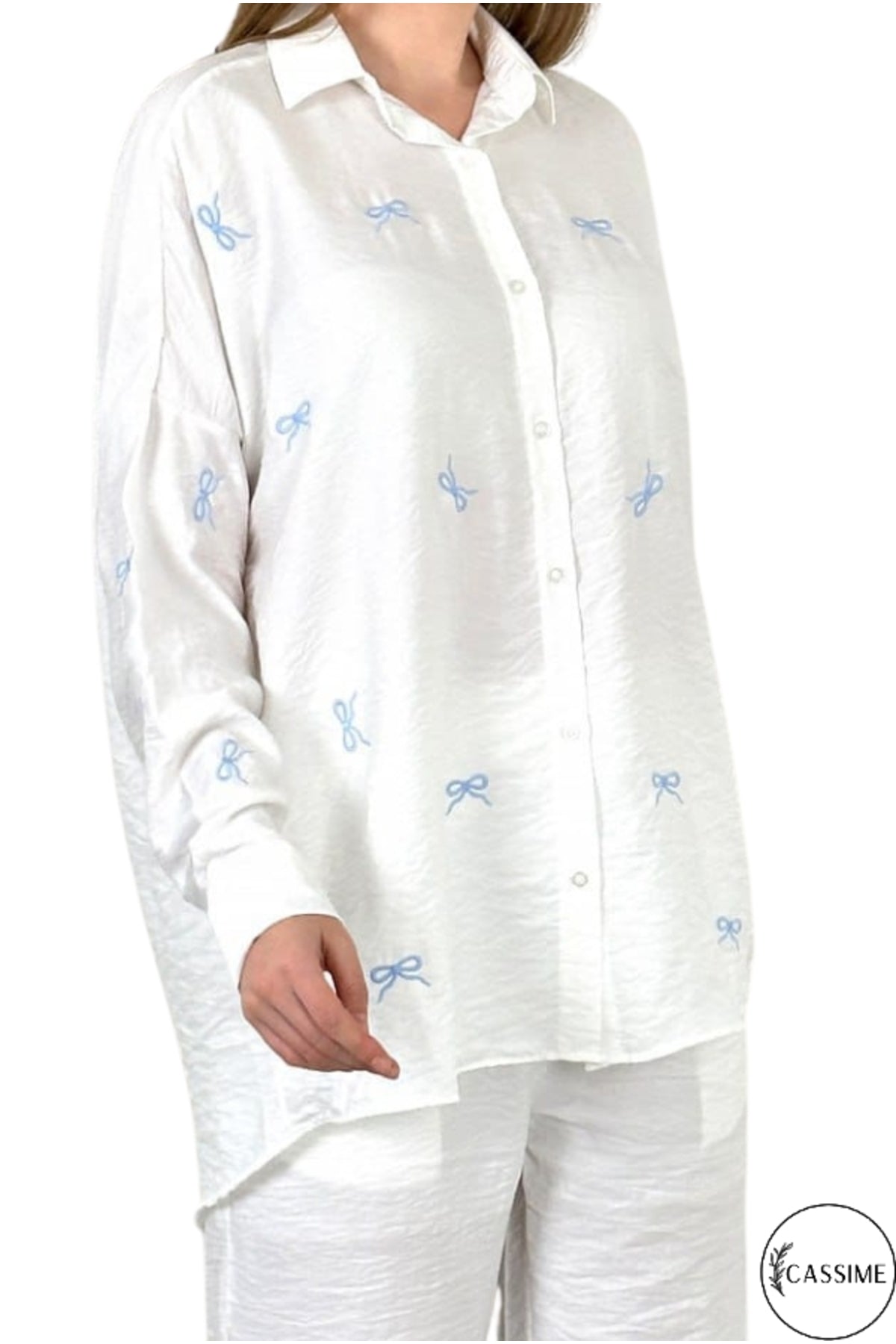 Delilah Women's Cotton Oversized Embellished Long Sleeve Shirt - White with Bow Embroidery