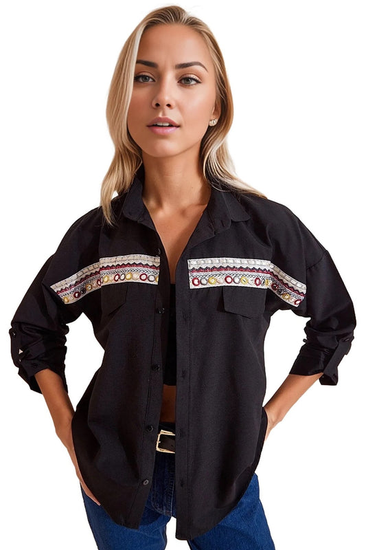 Kara Women's Embroidered Poplin Button-Up Shirt - Black Embroidered